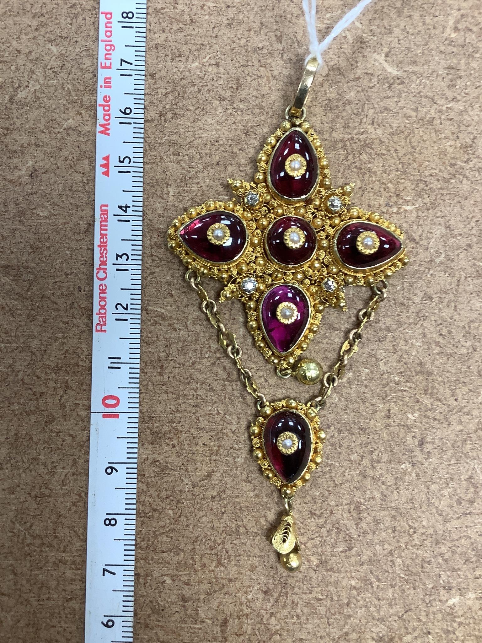 A 19th century yellow metal, foil backed garnet, seed pearl and diamond set drop pendant (adapted)